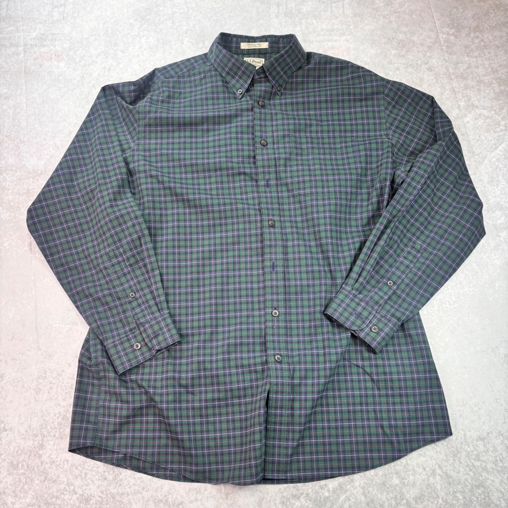 L.L.Bean Wrinkle Free Plaid Button Down Shirt Traditional Fit XL Tall Green